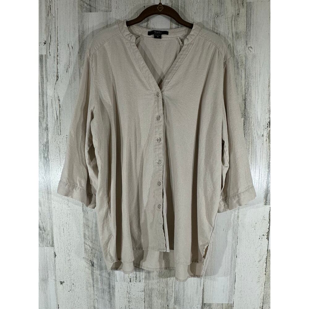 Toxik3 Tunic Size 1X‎ Beige Viscose Linen Blend Button Up Roll Tab Sleeve READ